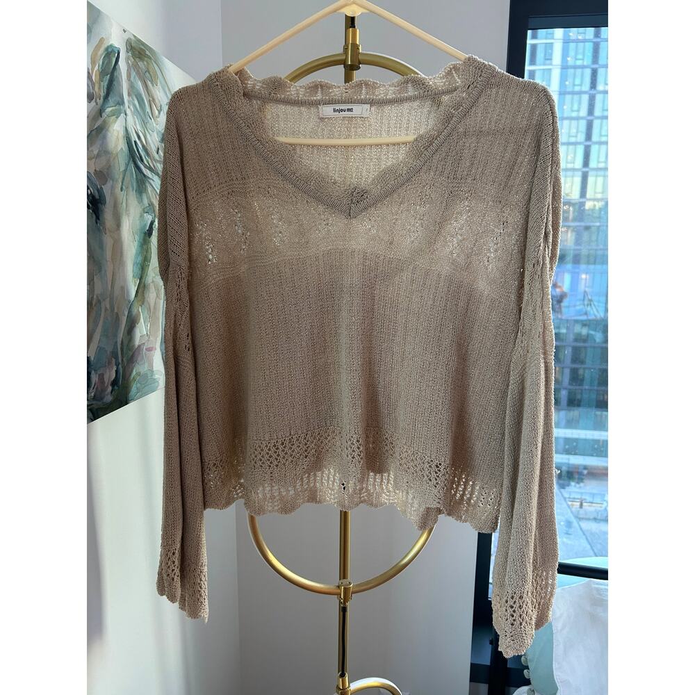 Linjou | Crochet Beige V-Neck Sweater | Size Small